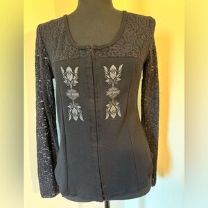 Harley Davidson Zip Down Lace Trim & Sleeves Top